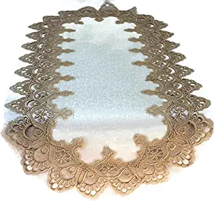 Doily Boutique Table Runner with Gold European Lace and Antique Fabric, Size 34 x 15 inches