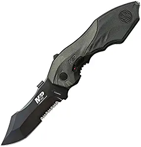 Smith & Wesson M&P SWMP5LS 8.5in S.S. Assisted Opening Knife with 3.5in Serrated Clip Point Blade and Aluminum Handle for Outdoor, Tactical, Survival and EDC
