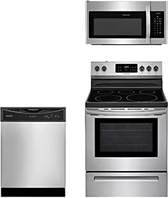 Frigidaire 3-Piece Stainless Steel Kitchen Package with FFEF3054TS 30" Freestanding Electric Range, FFMV1645TS 30" Over-the-Range Microwave and FFBD2406NS 24" Full Console Dishwasher