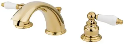 Kingston Brass KB972B Victorian Widespread Lavatory Faucet with Oak and Porcelain Handle, Polished Brass,8-Inch Adjustable Center