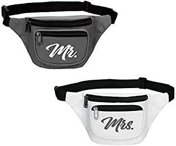 Bride and Groom Fanny Pack Set - Mr and Mrs Wedding Gift - Waist Belt Bag, Phanny Pack for Travel, Gym, Running, Dog Walking, Hiking - Great Gift (Mr and Mrs Fanny Pack Bundle (Gray and White))