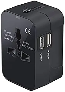 World Power Plugs Universal travel adapter, All in One Power Plug and Outlets Adapter with Dual USB Charging Ports for USA EU UK AUS (Black)