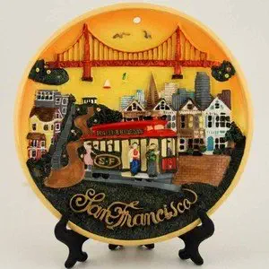 (15 7/18) San Francisco Skyline Orange Sky Poly Plaque Plate with CA Bear Copyrighted Magnet