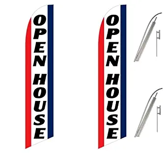Two Full Sleeve Swooper Flags w/ Poles & Spikes OPEN HOUSE Red White Blue Vertical