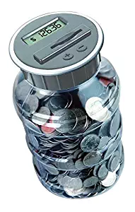 Digital Coin Bank Savings Jar by DE - Automatic Coin Counter Totals All U.S. Coins Including Dollars and Half Dollars - Original Style, Clear Jar w/Grey Lid