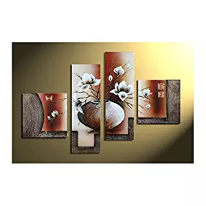 Wieco Art 4-Piece Elegant Flowers Stretched and Framed Hand-Painted Modern Canvas Wall Art