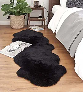 Genuine Sheepskin Rug Black Double Pelt Natural Fur - Sheepskin Rug Pad for Bedroom Living Room (Double/2ft x 6ft, Black)