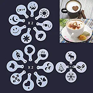 LH&C 36 Pcs Coffee Art Stencils for Latte Cappuccino for Adult Kids Barista + One Spoon and One Metal D-Ring