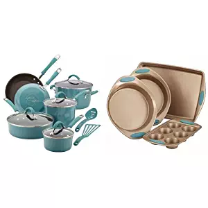 Rachael Ray Cucina Hard Porcelain Enamel Nonstick Cookware Set, 12-Piece, Agave Blue and Rachael Ray Cucina 4-Piece Bakeware Set, Latte Brown with Agave Blue Handle Grips Bundle