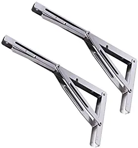 14" Heavy Duty Polished Stainless Steel Steel Folding Shelf Bench Table Bracket Corner Brace, Max Load: 600lbs, Long Release Arm (2 PCS)