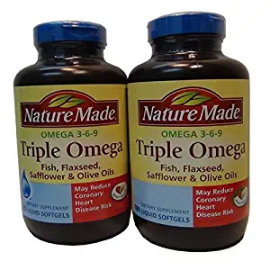 Nature Made Triple Omega 3 6 9 - Fish, Flaxseed, Safflower & Olive Oils - 2 Bottles, 180 Softgels Each