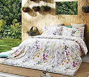 Windflower Bedding Bloomfield Floral Duvet Cover 3pc Set Cotton Botanical Nature Vines Branches Birds Butterflies Multicolored Flowers (Full/Queen, White)