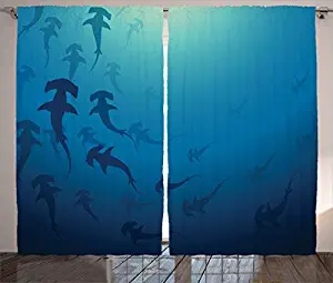 Red Vow Royal Blue Curtains Sea Animals Decor, Hammerhead Shark School Ocean Dangerous Predator Wild Nature Picture, Curtain for Bedroom Living Room 2 Panel Set, 80" W by 63" L, Navy Blue
