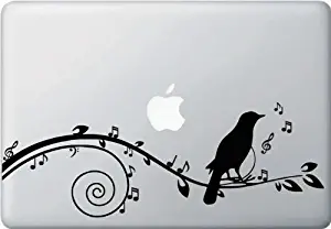 Yadda-Yadda Design Co. Apple Songbird on Tree Branch - Musical Bird - MacBook or Laptop Decal - Vinyl Transfer Decal (Black)