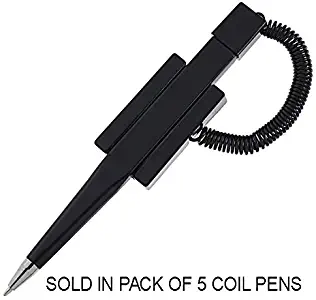 Pack of 5 Counter Coil Corded Wedgy Pen with Adhesive Backing, Black Ink