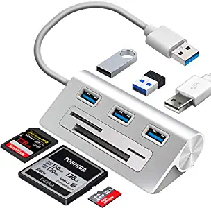 6-in-1 USB 3.0 Card Reader, Aluminum Data USB 3.0 Hub with 3 High-Speed Ports and 1 CF/SD/TF Card Reader, 12" USB Cable for Mac Pro, iMac, MacBook, Laptop and Desktop PC