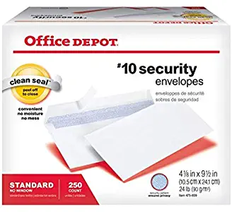 Office Depot Clean Seal(TM) Security Envelopes, 10 (4 1/8in. x 9 1/2in.), White, Box of 250, 77148