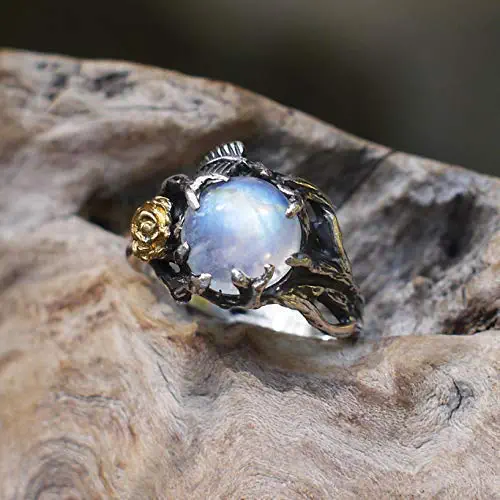 Rainbow Moonstone Ring"Cleo" READY TO SHIP, Sterling Silver and Solid Gold moonstone engagement ring, flower ring, twig ring, nature ring