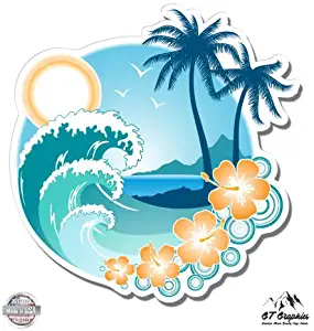 Tropical Ocean Beach Waves Palm Tree Vacation - 3" Vinyl Sticker - For Car Laptop I-Pad Phone Helmet Hard Hat - Waterproof Decal